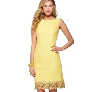 Lilly Pulitzer Dawson Dress Women’s Size 14 US Yellow Starfruit Gold Lace Sheath